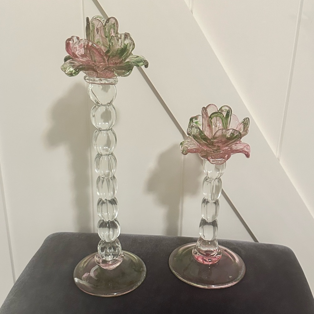 pair of hand-blown Venetian glass candlesticks. 

100% Hand Blown from Italy.